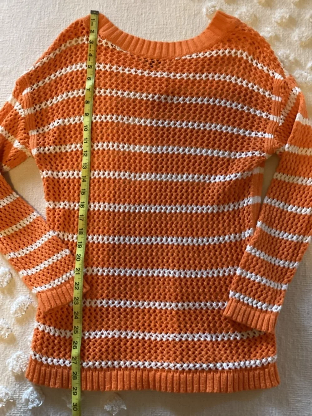 Talbots Women Orange/White Stripe Open Weave Chunky Knit V-Neck Sweater LP E1